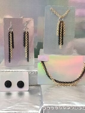 Gold and Black Chain Tassel Necklace and Earring Set - Women Jewelry